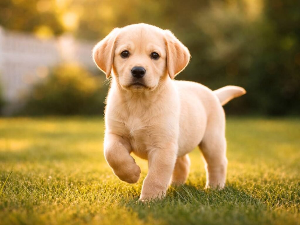 Labrador Retriever puppy standing on grass in a backyard, looking alert