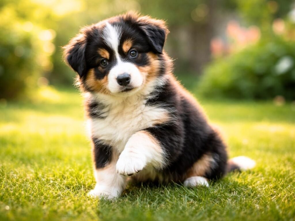 Australian Shepherd puppy sitting in a sunny backyard with one paw lifted.