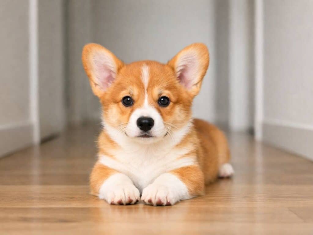 Elegant female Pembroke Welsh Corgi puppy lying indoors