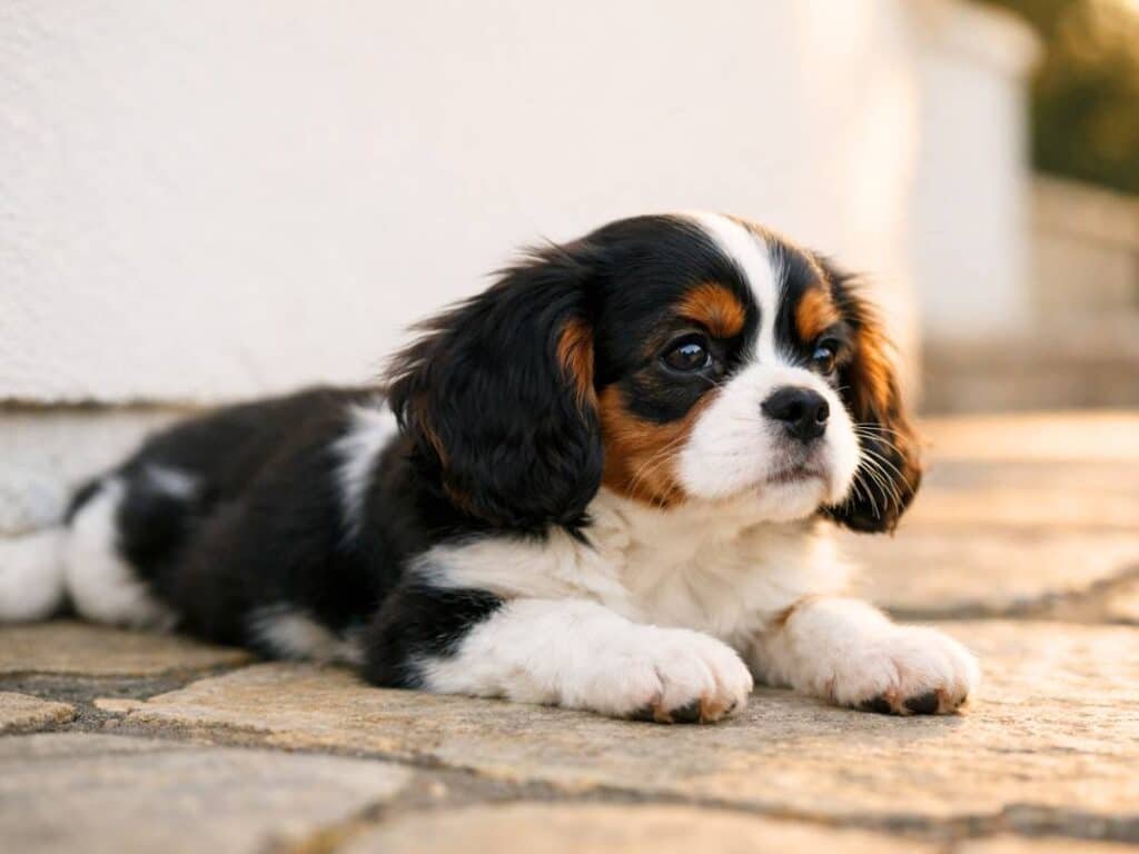Elegant female Cavalier King Charles Spaniel puppy lying calmly near a white wall in warm sunlight