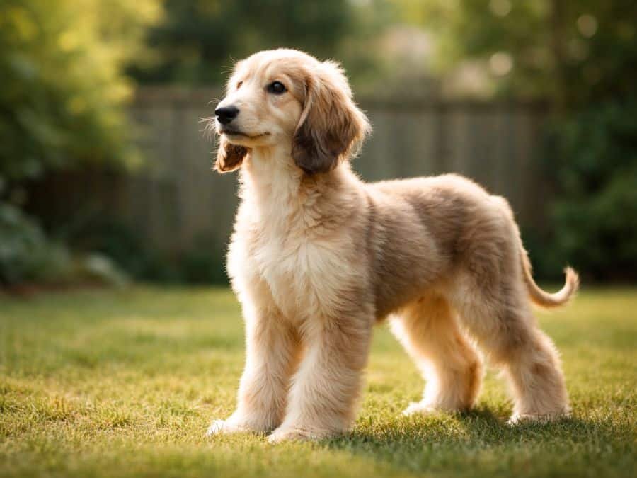 Afghan Hound puppy standing gracefully in a backyard with flowing silky fur