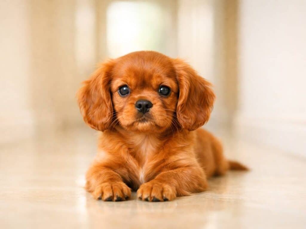 Elegant Cavalier King Charles Spaniel puppy resting calmly indoors with a regal expression