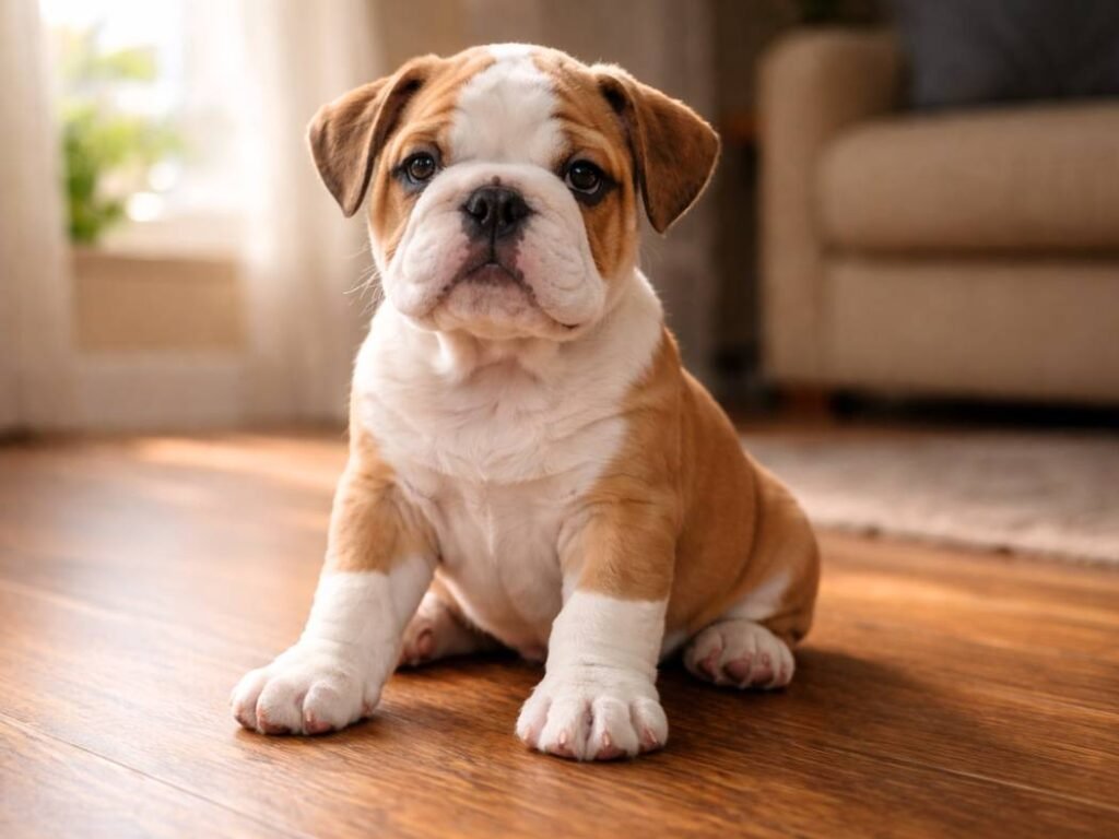 English Bulldog puppy sitting on a wooden floor in a cozy home, calm and relaxed