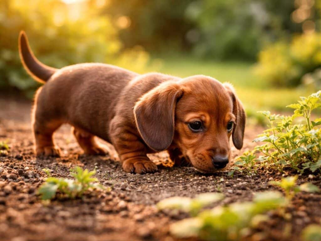 Brown Dachshund puppy sniffing the ground in a backyard garden