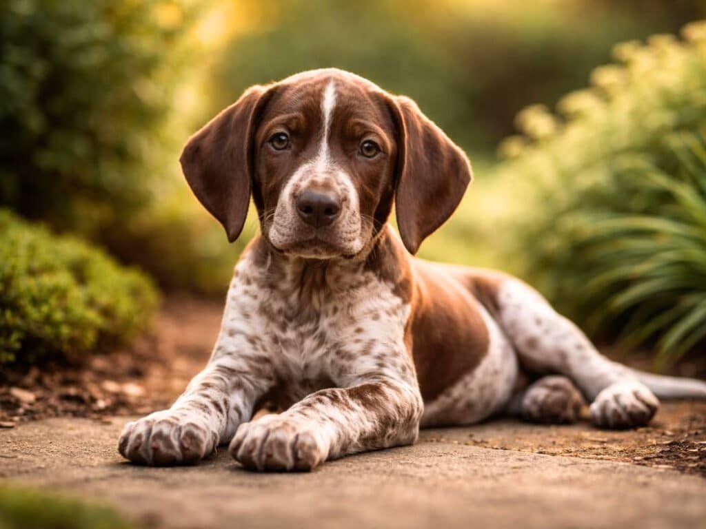 Female German Shorthaired Pointer puppy lying in a garden with warm sunlight and a serene expression