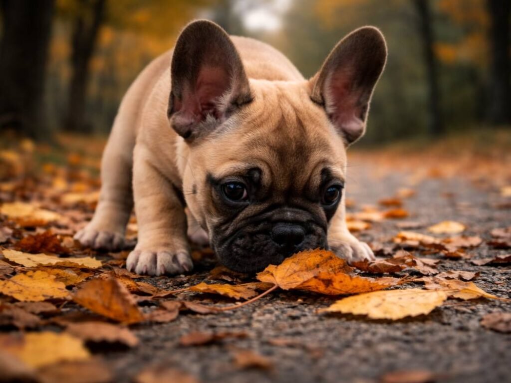 Fawn French Bulldog puppy sniffing autumn leaves on a park pathway with soft trees in the background.
