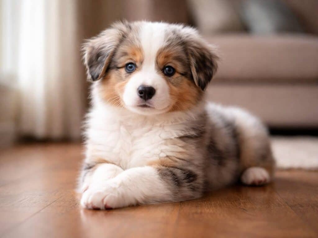 Female Australian Shepherd puppy sitting calmly indoors in natural light