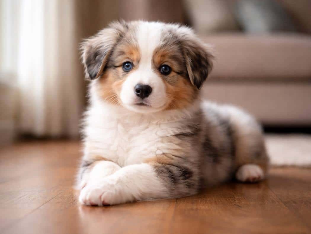 Female Australian Shepherd puppy sitting calmly indoors in natural light