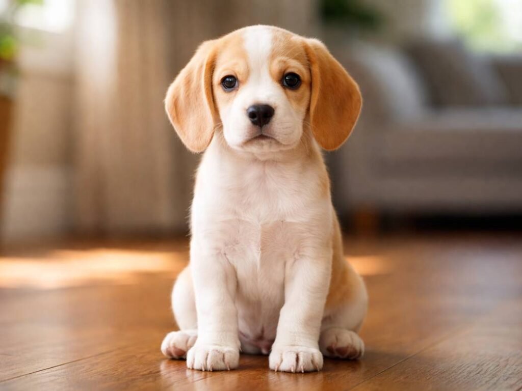 Confident female Beagle puppy sitting indoors with calm, alert expression