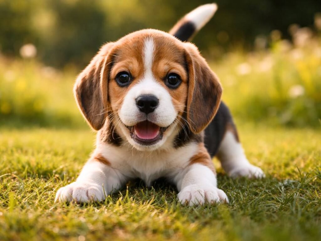 Female Beagle puppy sitting alert on green grass outdoors, happy and healthy with bright eyes