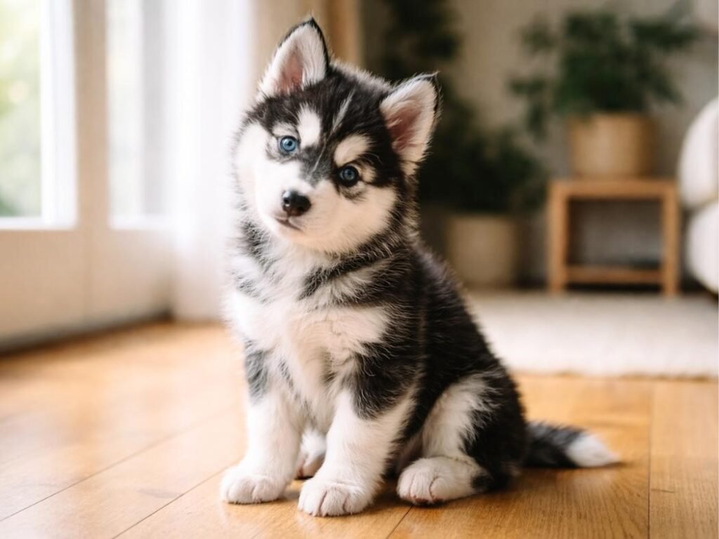 Black and white Siberian Husky puppy sitting indoors with head tilted