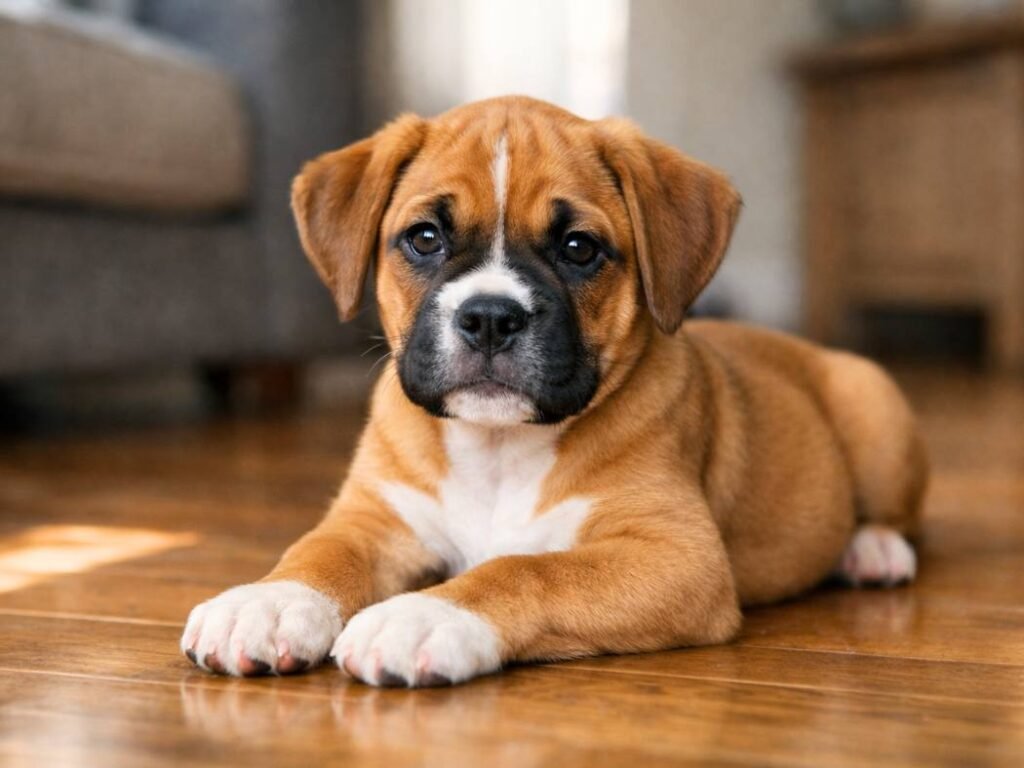 Calm female Boxer puppy resting indoors in natural sunlight, showing the gentle and affectionate side of the breed