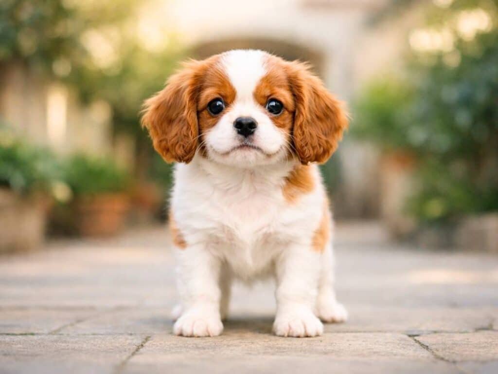 Happy female Cavalier King Charles Spaniel puppy standing calmly in a residential courtyard, looking straight ahead