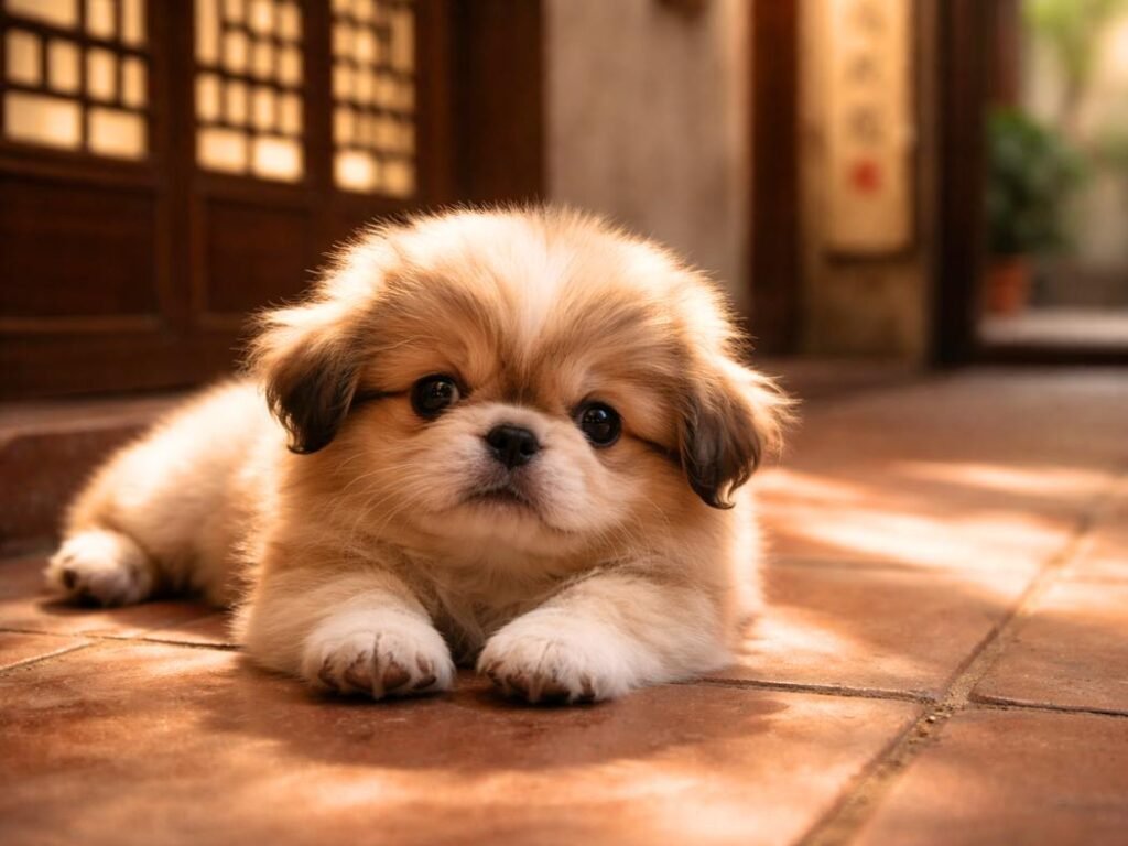 Pekingese puppy lying on tiled floor in a cozy Chinese courtyard with lattice window and calligraphy strip.