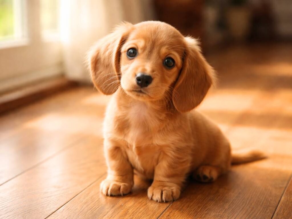 Female Dachshund puppy sitting on a wooden floor near a sunlit window inside a cozy home