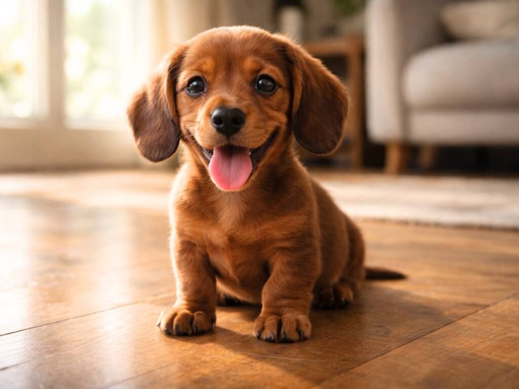 female dachshund puppy lying on a wooden floor indoors with soft natural light