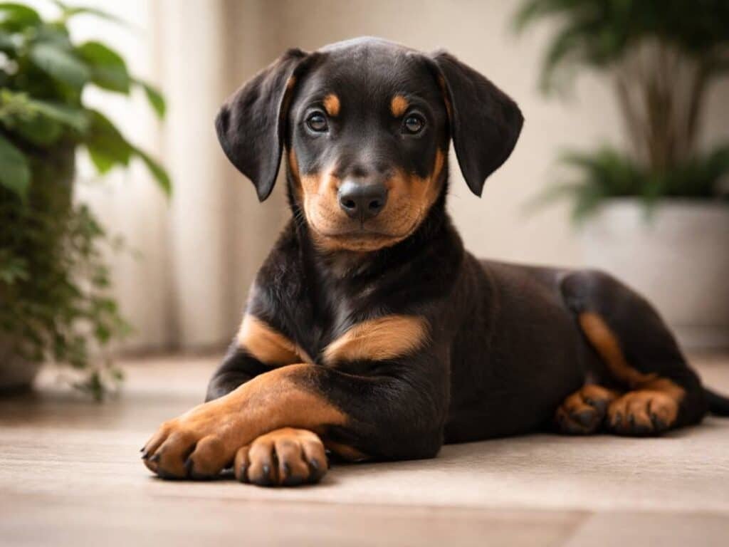 Calm and gentle female Doberman Pinscher puppy resting indoors near natural greenery