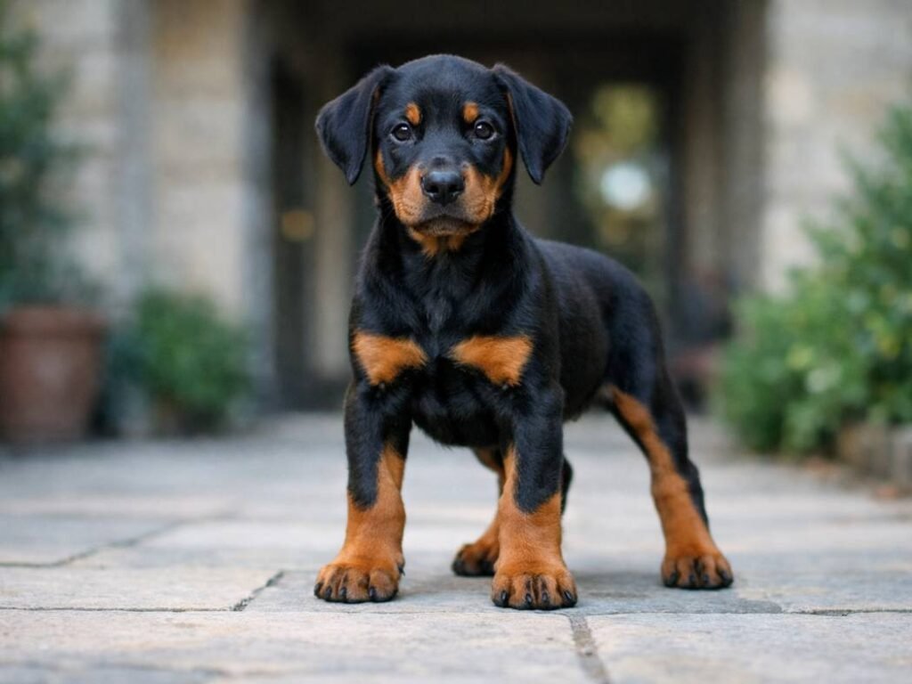 Female Doberman Pinscher puppy standing confidently in a quiet courtyard, alert and healthy