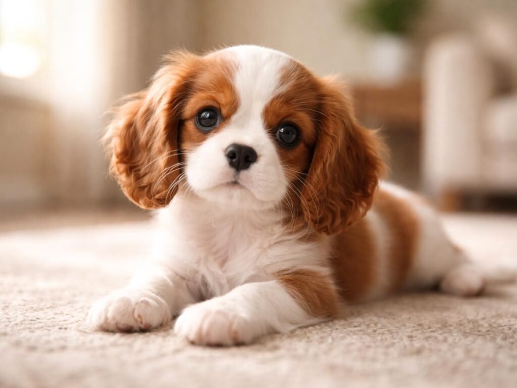 Cavalier King Charles Spaniel puppy lying on a rug indoors with a sweet head tilt
