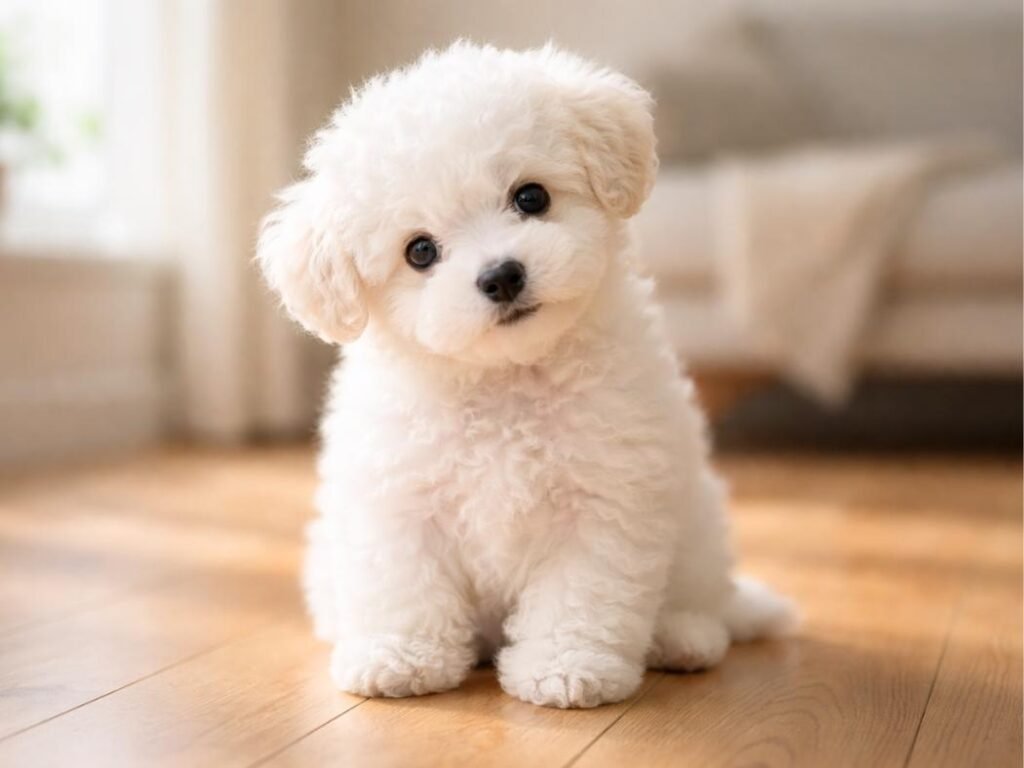 Fluffy white Bichon Frise puppy sitting indoors and looking at the camera