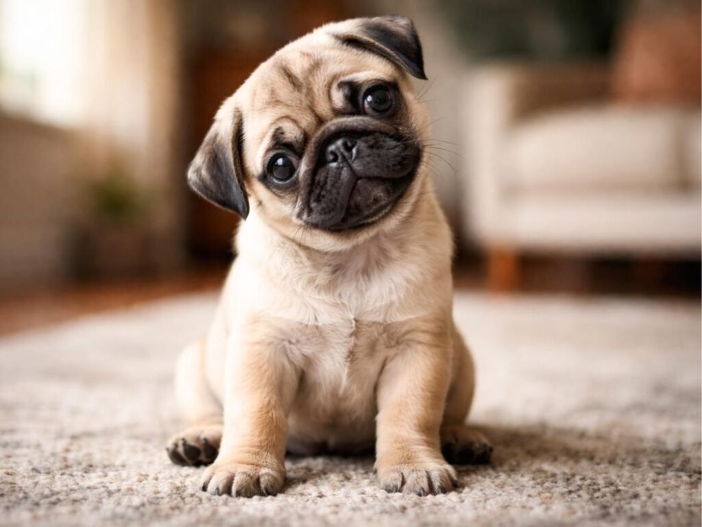 Pug puppy sitting indoors on a rug with a cute head tilt