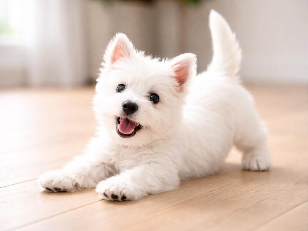 West Highland White Terrier puppy stretching playfully on an indoor wooden floor