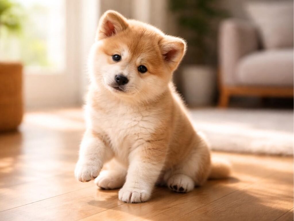 Akita puppy sitting on a wooden floor near a bright window with a gentle head tilt.