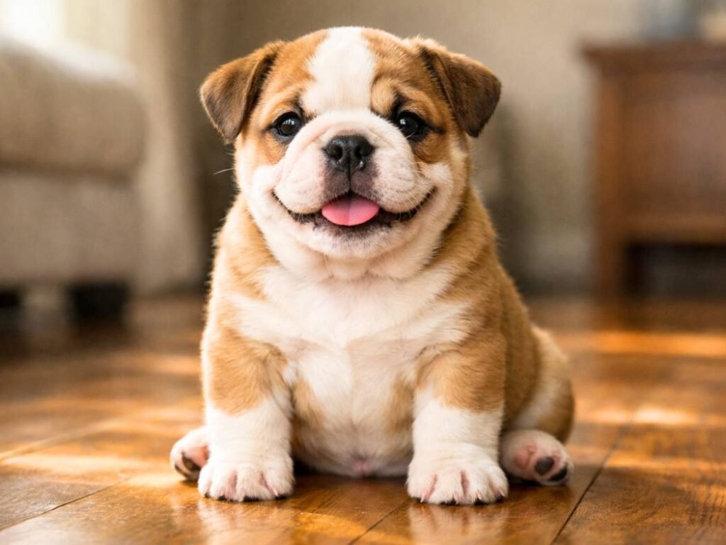Female English Bulldog puppy sitting upright indoors with a happy, alert expression