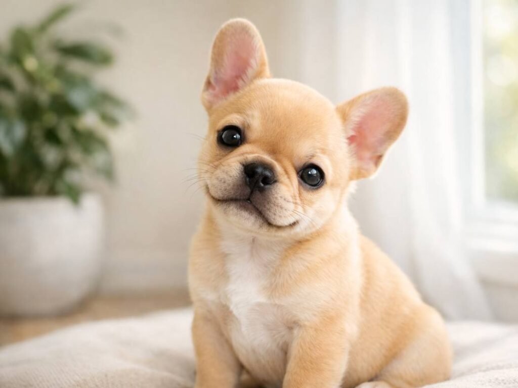 Fawn French Bulldog puppy sitting near a bright window with a sweet head tilt and gentle expression.