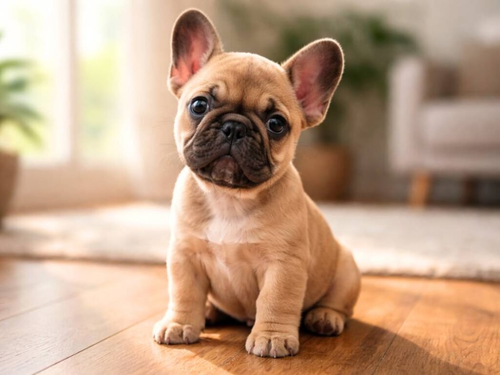 Female French Bulldog puppy sitting on a wooden floor in a cozy home with soft morning light.