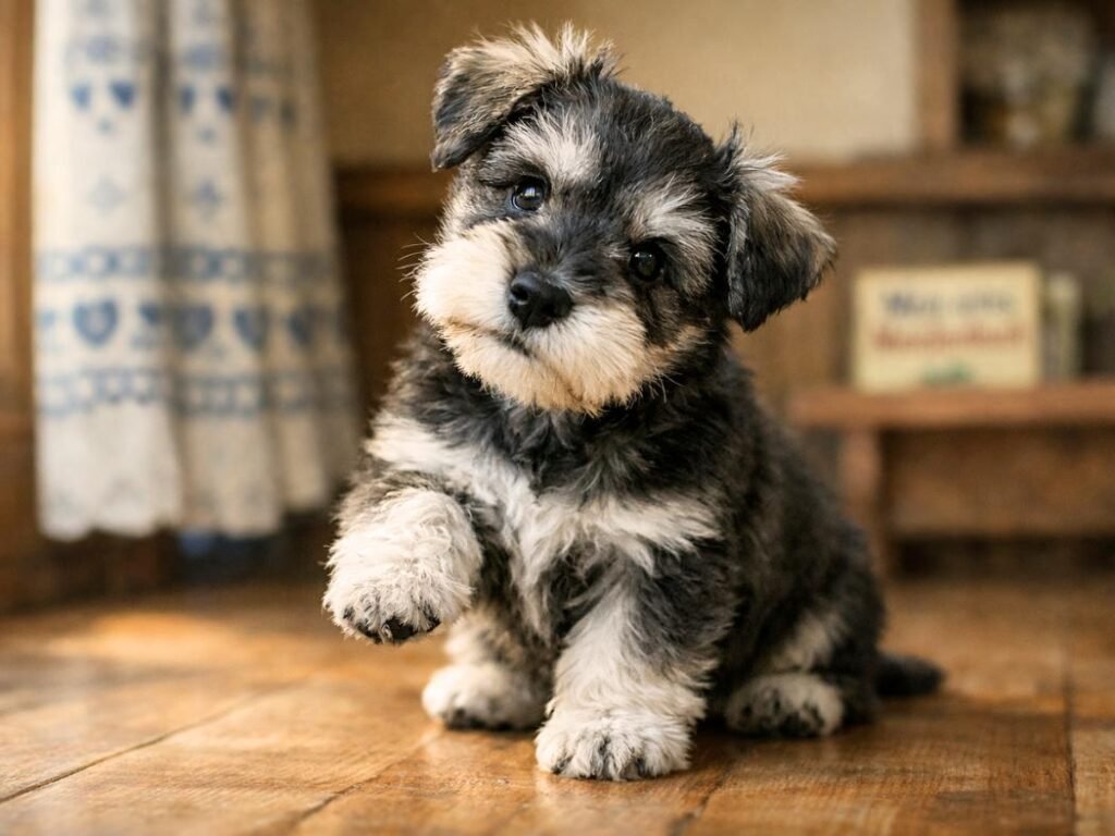 Miniature Schnauzer puppy sitting indoors with a curious head tilt in a cozy German-style home.