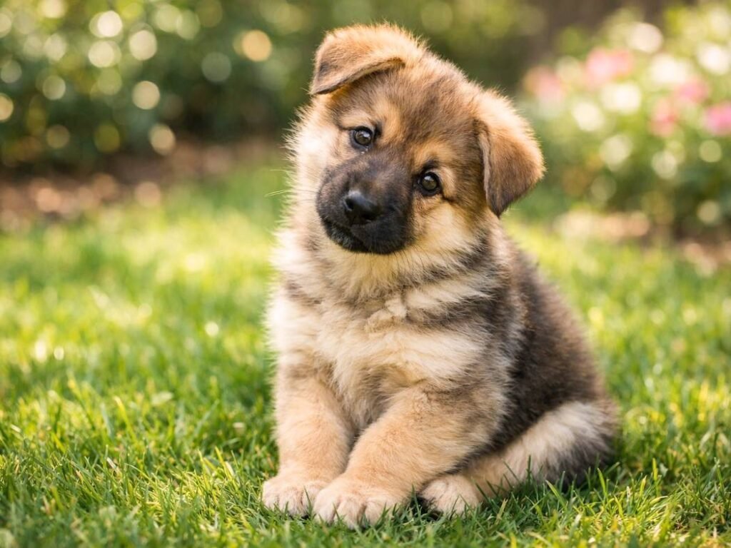 Female German Shepherd puppy sitting in a backyard garden with a curious head tilt