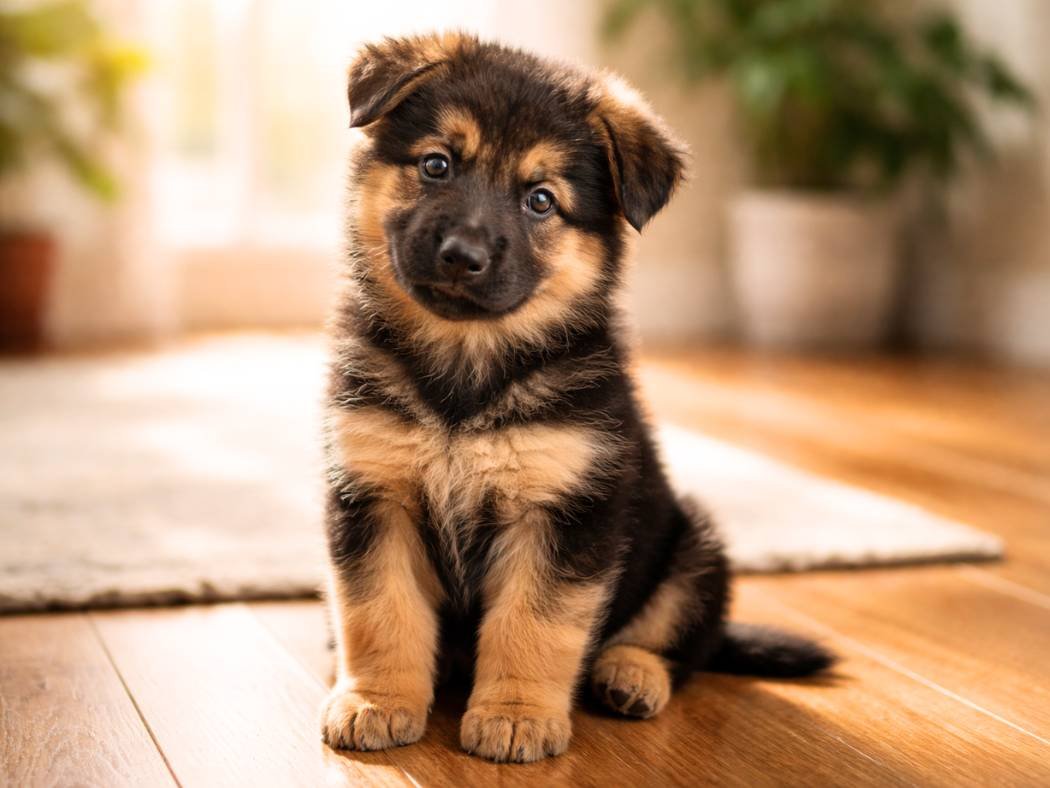 Female German Shepherd puppy sitting indoors on a wooden floor in soft natural window light.