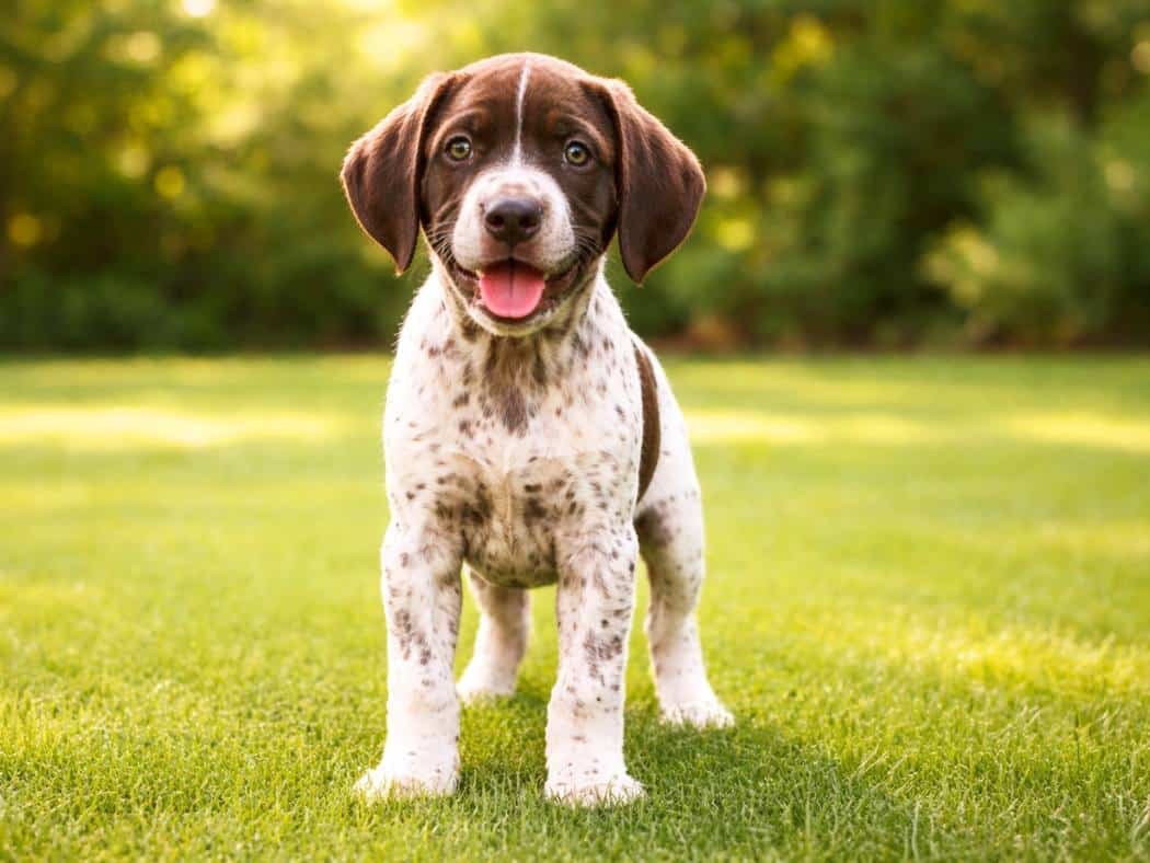 Female German Shorthaired Pointer puppy standing on green grass in a sunny backyard, looking happy and alert