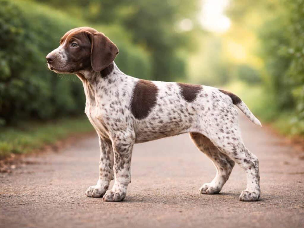 Female German Shorthaired Pointer puppy standing confidently in a garden setting