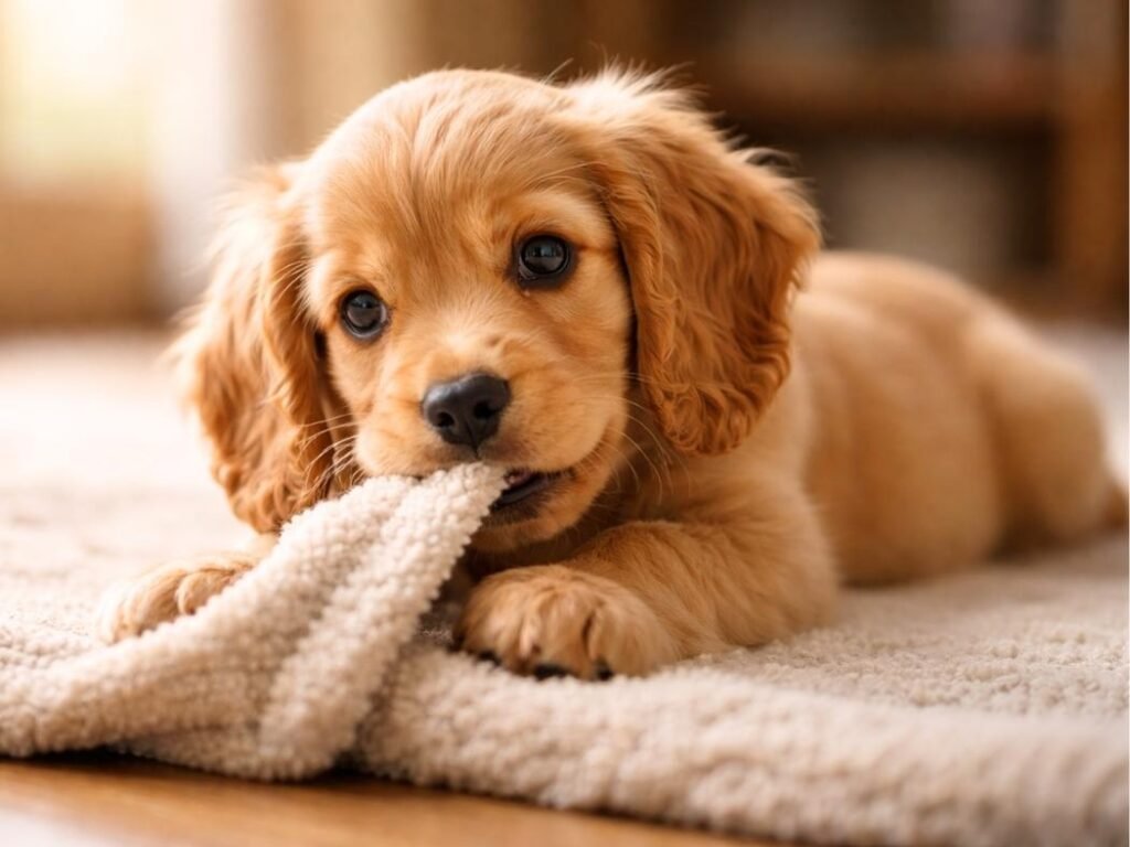 Golden Cocker Spaniel puppy lying on a cozy rug indoors with big puppy eyes.