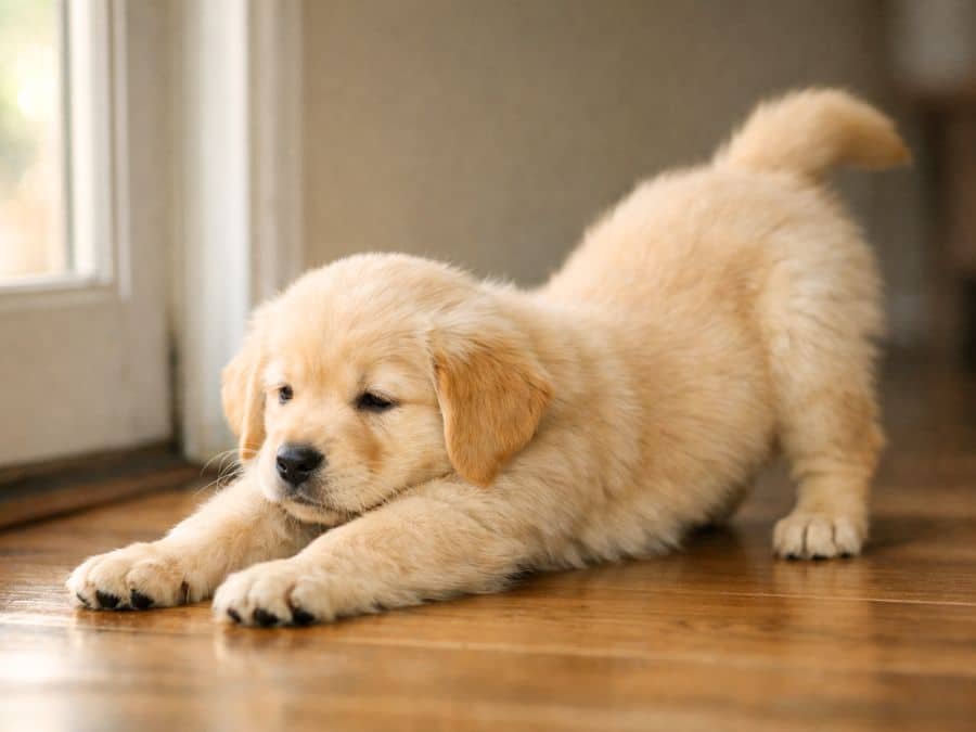 Female Golden Retriever puppy stretching on the floor near a sunlit doorway