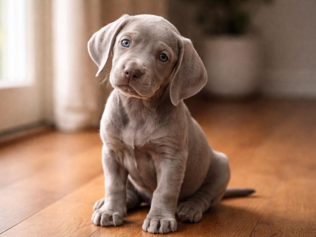 Female grey Weimaraner puppy sitting indoors with head tilted near a window.