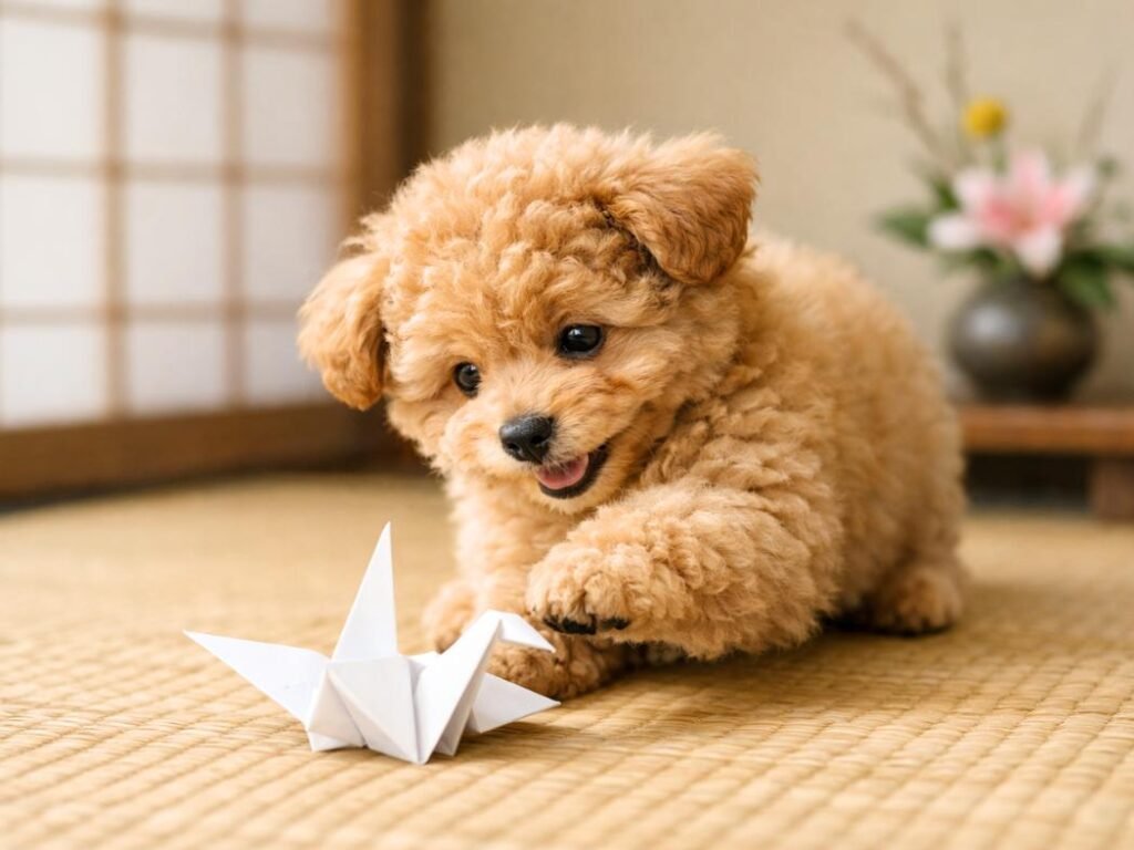 Poodle puppy pawing at an origami crane on a tatami mat in a Japanese-style home