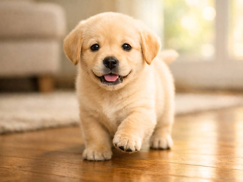Female Labrador Retriever puppy walking indoors on a wooden floor in warm natural window light.