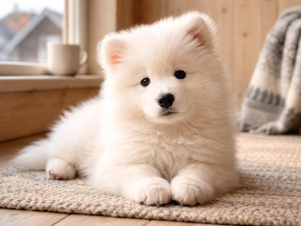 Samoyed puppy lying on a rug in a cozy Nordic-style home near a window