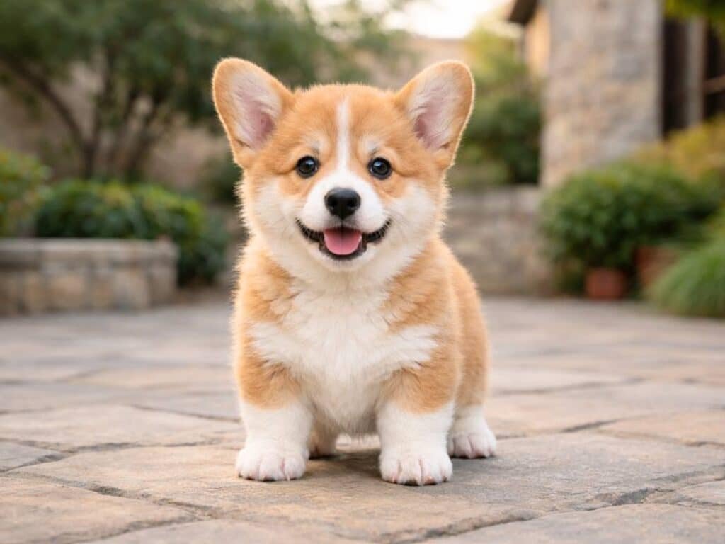 Female Pembroke Welsh Corgi puppy standing alert in a quiet courtyard