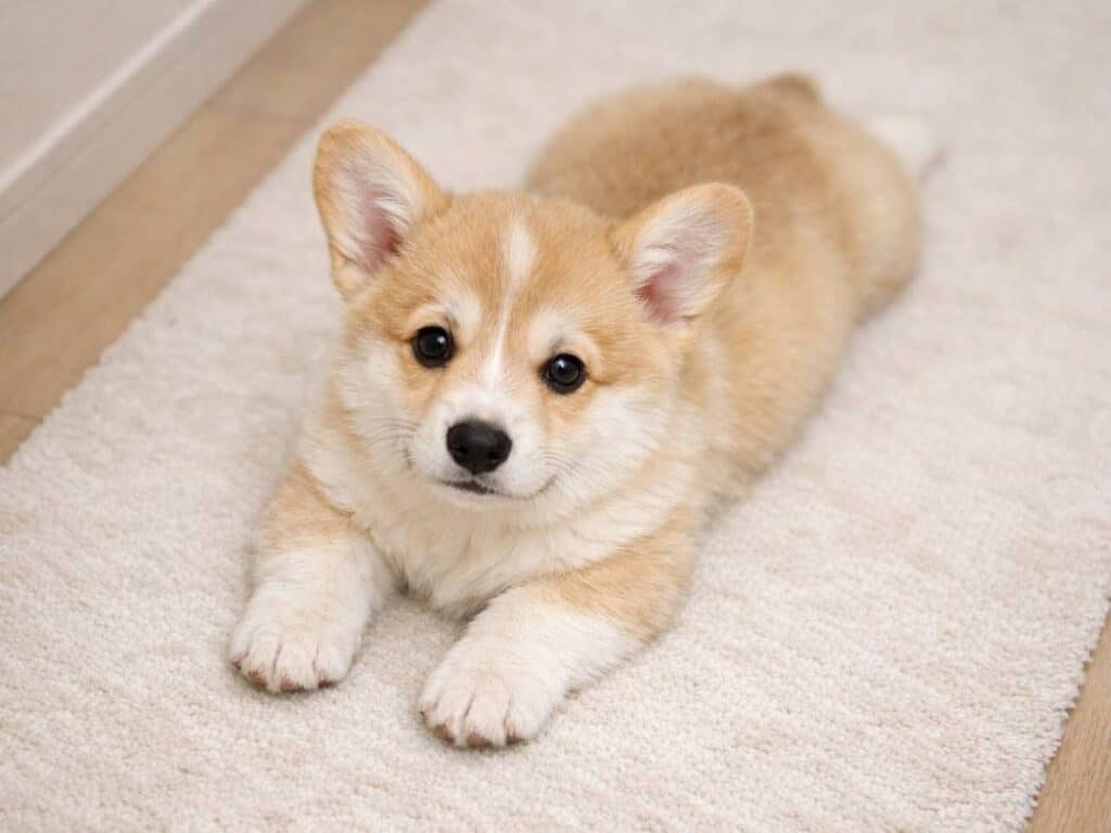 Sweet female Pembroke Welsh Corgi puppy lying calmly indoors with soft natural light