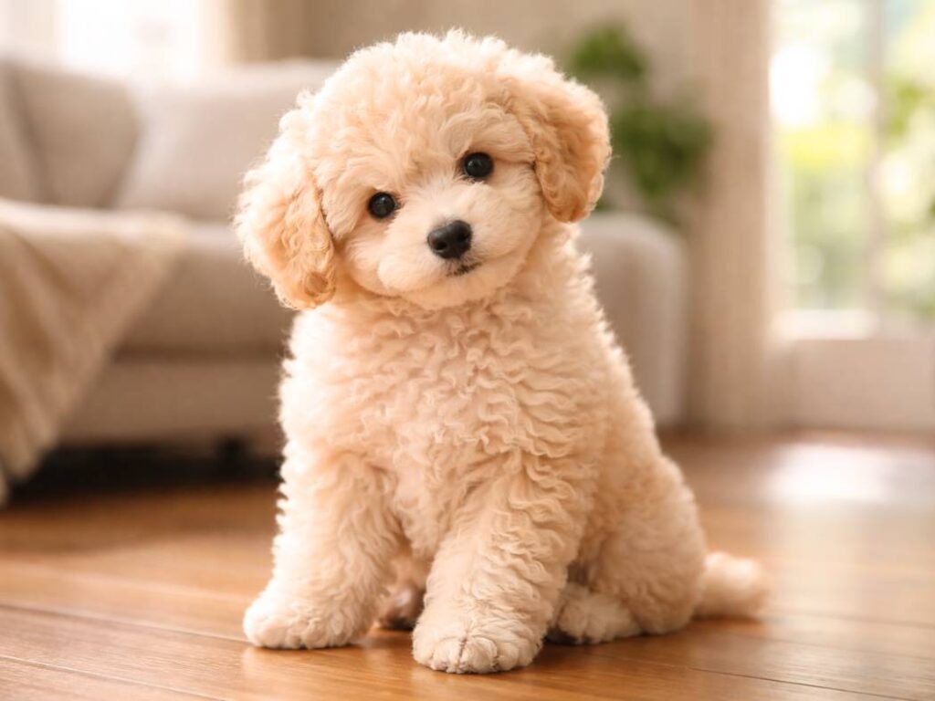 female poodle puppy sitting on a wooden floor in a cozy living room