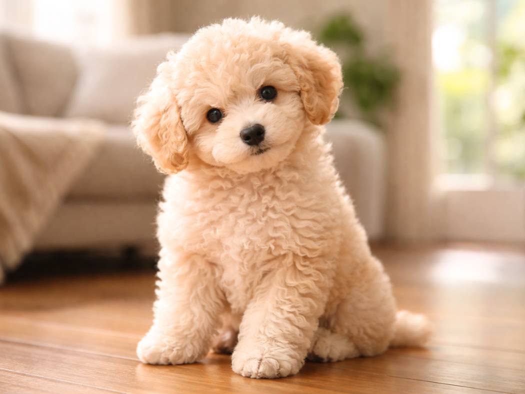 female poodle puppy sitting on a wooden floor in a cozy living room