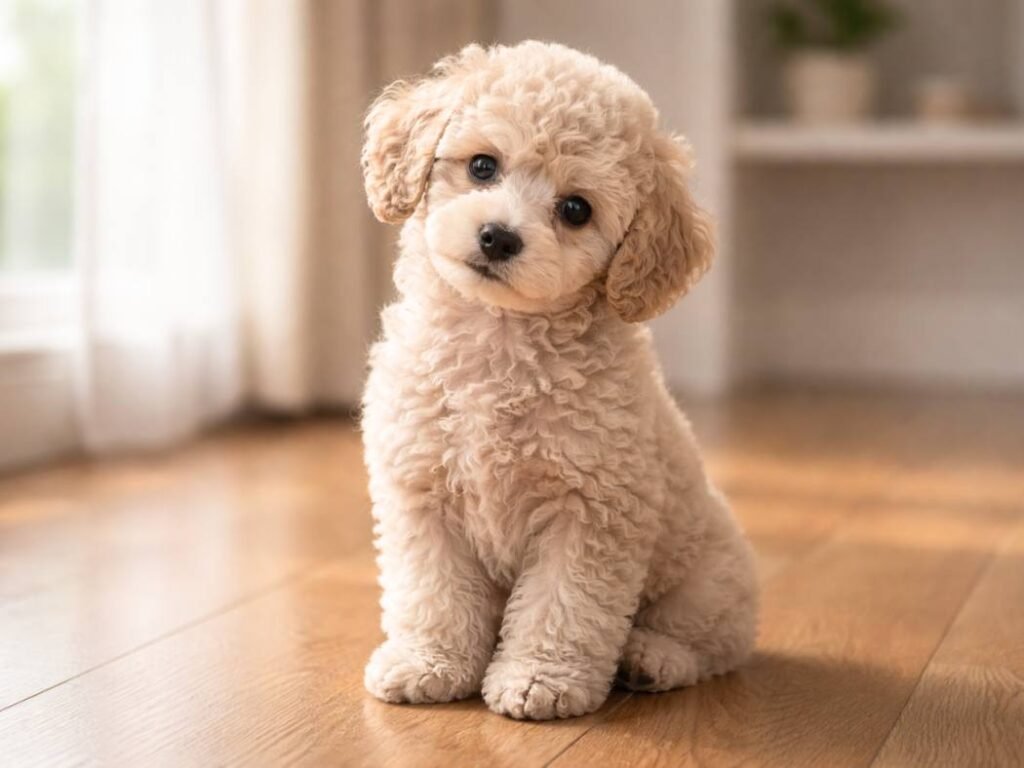 Light silver poodle puppy sitting on a wooden floor indoors near a bright window.