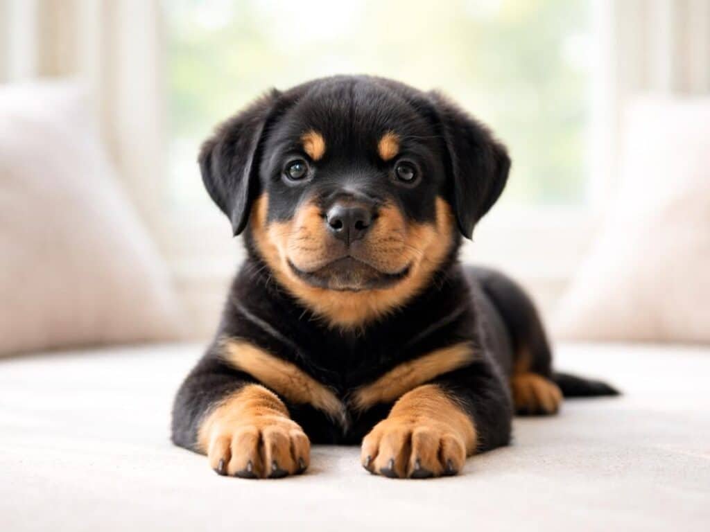 Female Rottweiler puppy sitting calmly indoors with a happy, alert expression