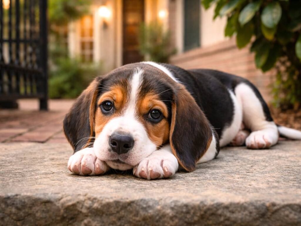 Treeing Walker Coonhound puppy lying on a brick walkway near a wrought-iron gate outside a Southern home.