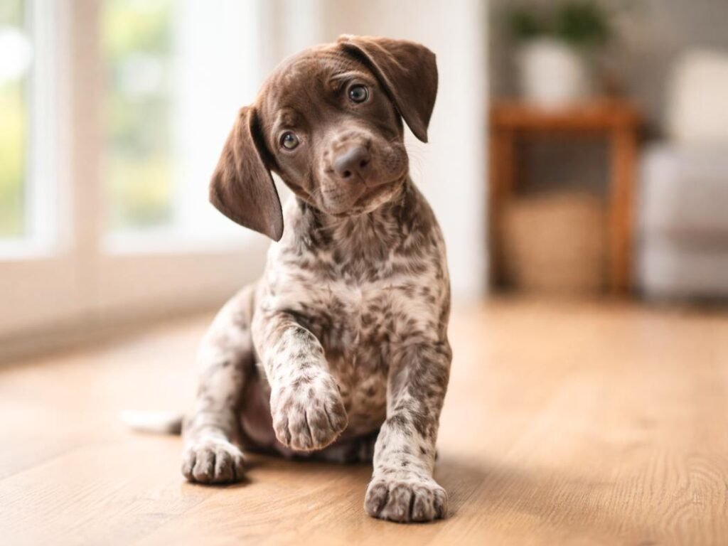 German Shorthaired Pointer puppy with brown spots sitting indoors with a curious head tilt.