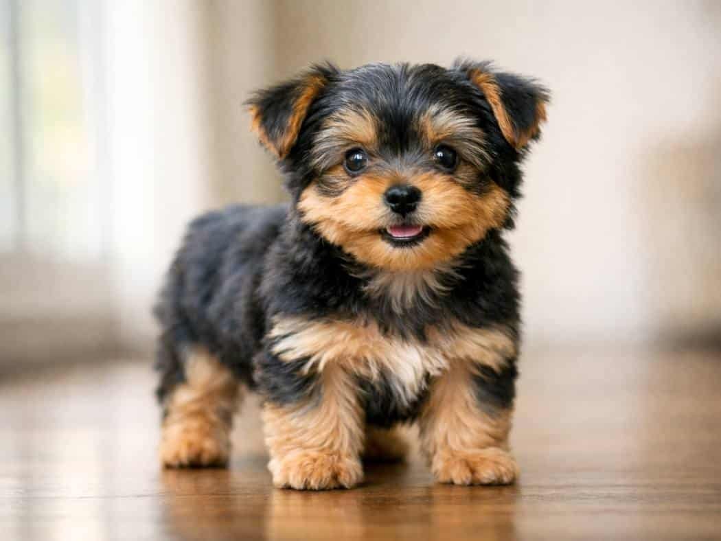 Happy female Yorkshire Terrier puppy standing still with all four paws grounded in natural indoor light